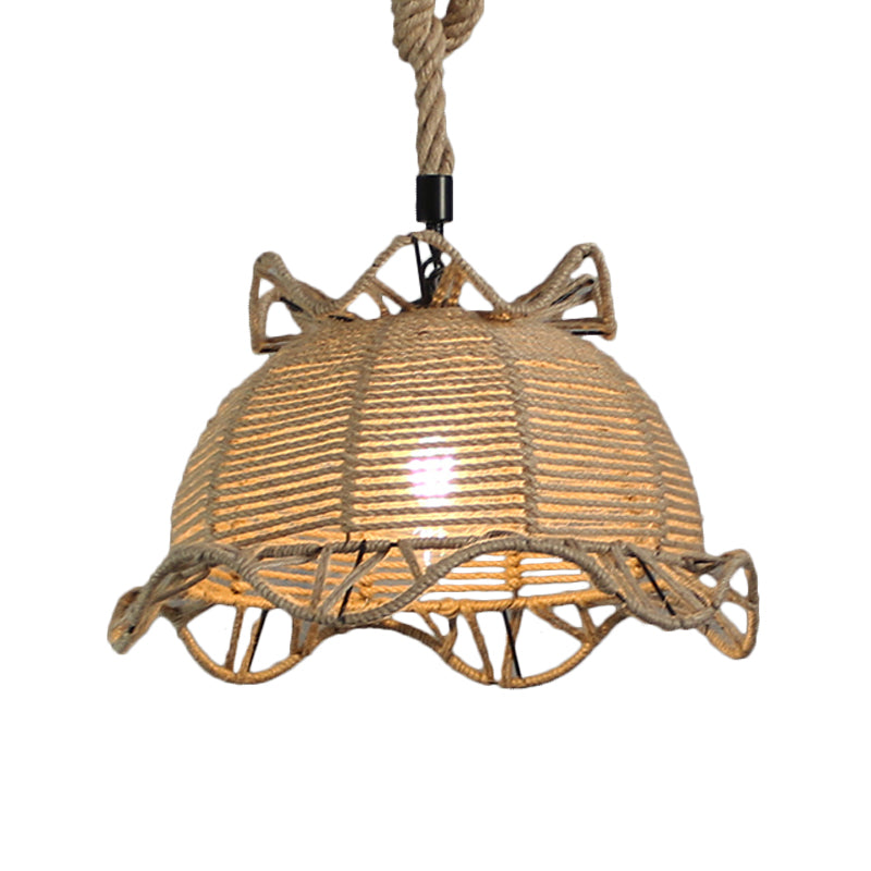 Beige Domed Pendant Lighting Vintage Industrial Natural Rope 1 Light Restaurant Hanging Lamp, 10"/14" Width Clearhalo 'Ceiling Lights' 'Industrial Pendants' 'Industrial' 'Middle Century Pendants' 'Pendant Lights' 'Pendants' 'Tiffany' Lighting' 1209726