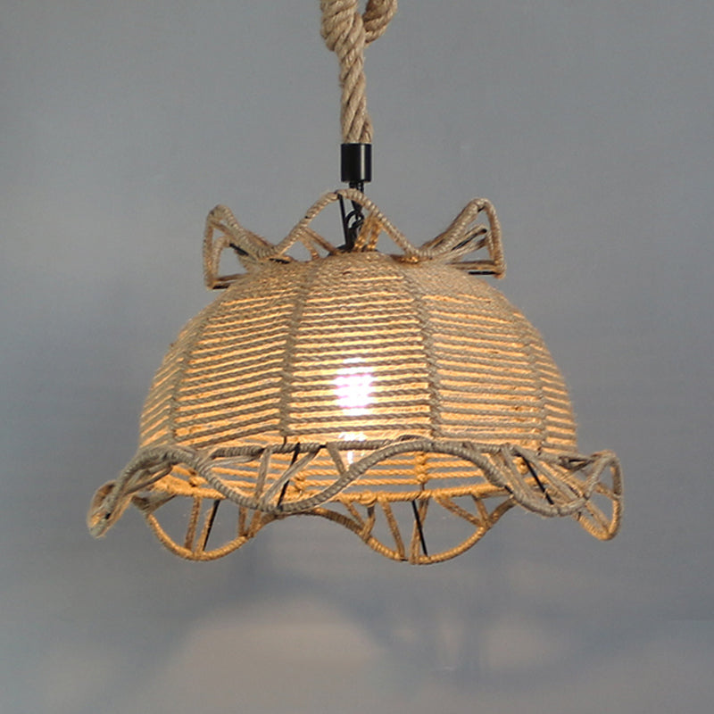 Beige Domed Pendant Lighting Vintage Industrial Natural Rope 1 Light Restaurant Hanging Lamp, 10"/14" Width Clearhalo 'Ceiling Lights' 'Industrial Pendants' 'Industrial' 'Middle Century Pendants' 'Pendant Lights' 'Pendants' 'Tiffany' Lighting' 1209727