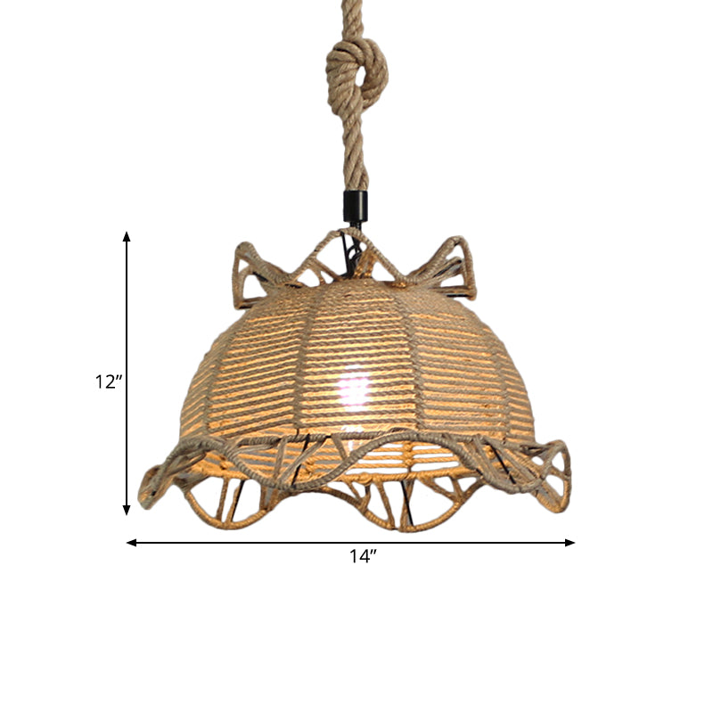 Beige Domed Pendant Lighting Vintage Industrial Natural Rope 1 Light Restaurant Hanging Lamp, 10"/14" Width Clearhalo 'Ceiling Lights' 'Industrial Pendants' 'Industrial' 'Middle Century Pendants' 'Pendant Lights' 'Pendants' 'Tiffany' Lighting' 1209728