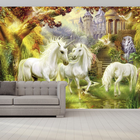 Renaissance Unicorn and Castle Murals White-Green-Yellow Animal Wall Decor, Optional Size