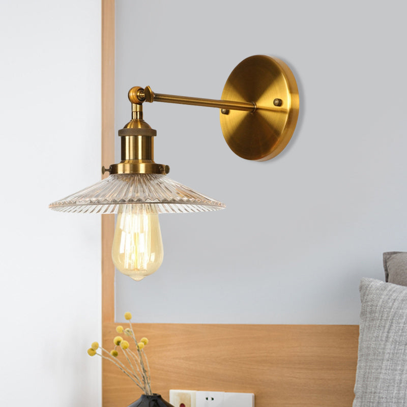 1 Light Clear Textured Glass Wall Sconce Light Vintage Brass Tapered Bedroom Lighting Fixture Clearhalo 'Art deco wall lights' 'Cast Iron' 'Glass' 'Industrial wall lights' 'Industrial' 'Middle century wall lights' 'Modern' 'Rustic wall lights' 'Tiffany' 'Traditional wall lights' 'Wall Lamps & Sconces' 'Wall Lights' Lighting' 1209791