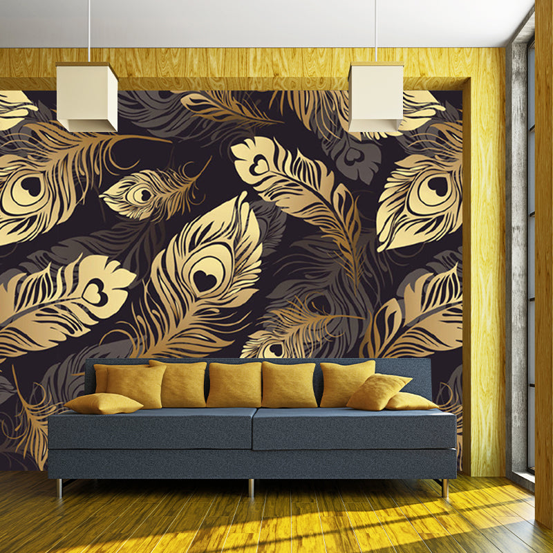 Contemporary Feather Murals in Grey and Yellow Bedroom Wall Decor, Customize Size Available Gray-Yellow Clearhalo 'Wall Decor' 'Wall Mural' 1209854