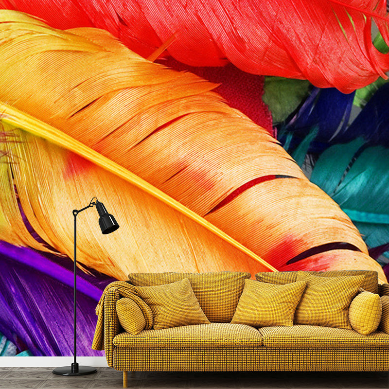 Illustration Feather Murals Extra Large Wall Covering for Home, Personalised Size Red-Yellow-Blue-Green A Clearhalo 'Wall Decor' 'Wall Mural' 1211449
