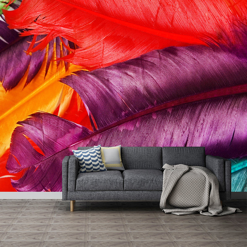 Illustration Feather Murals Extra Large Wall Covering for Home, Personalised Size Red-Yellow-Blue-Green B Clearhalo 'Wall Decor' 'Wall Mural' 1211454