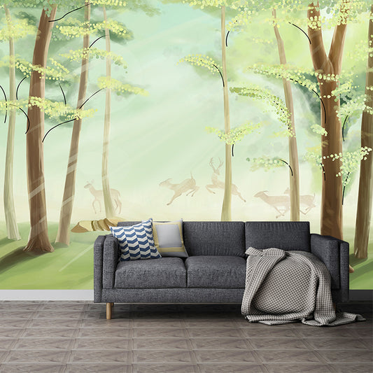 Non-Woven Waterproof Mural Nordic Flock of Deer in Misty Forest Pattern Wall Decor, Green