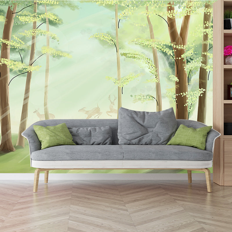 Non-Woven Waterproof Mural Nordic Flock of Deer in Misty Forest Pattern Wall Decor, Green Clearhalo 'Wall Decor' 'Wall Mural' 1211550
