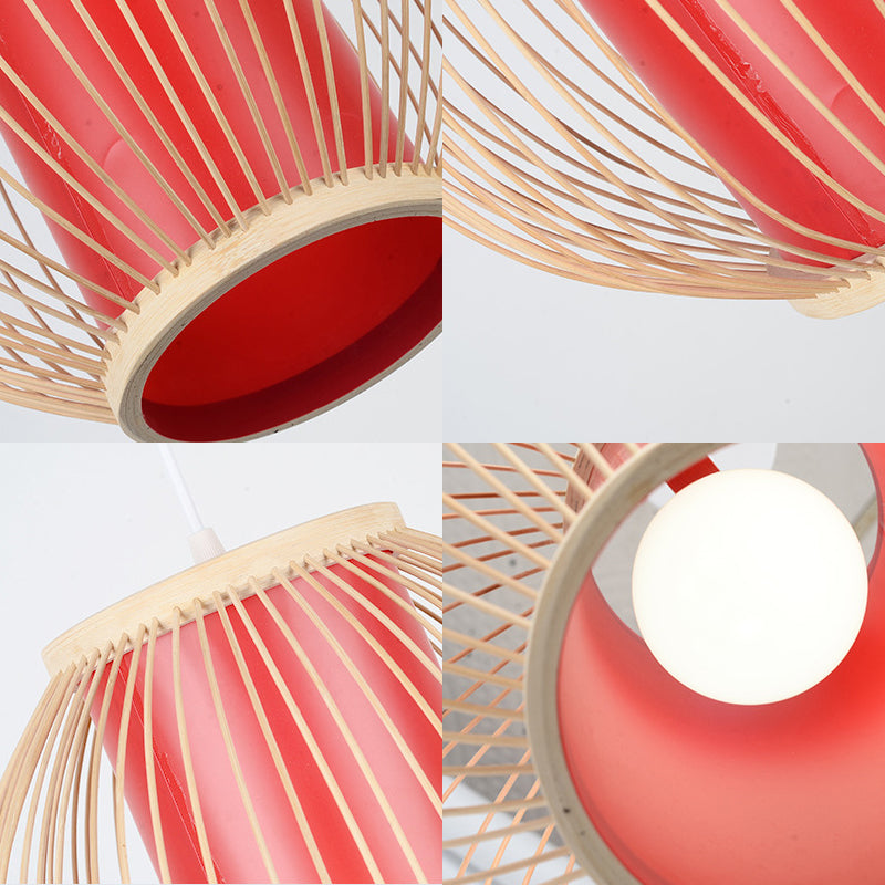 Global Kitchen Hanging Light Fixture Bamboo 1 Light Chinese Style Suspension Lamp with Inner Red Cylinder Shade Clearhalo 'Ceiling Lights' 'Modern Pendants' 'Modern' 'Pendant Lights' 'Pendants' Lighting' 121186
