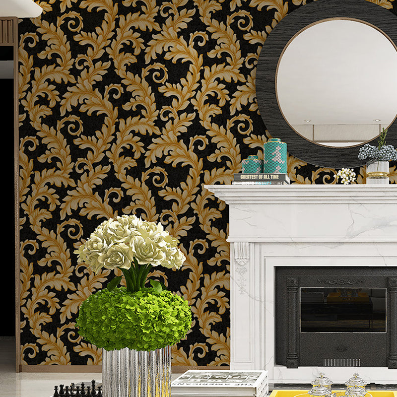57.1-sq ft Damask Wallpaper Retro Leaf Print Wall Covering in Dark Color for Accent Wall Black-Gold Clearhalo 'Vintage wall decor' 'Vintage' 'Wallpaper' Wall Decor' 1212303