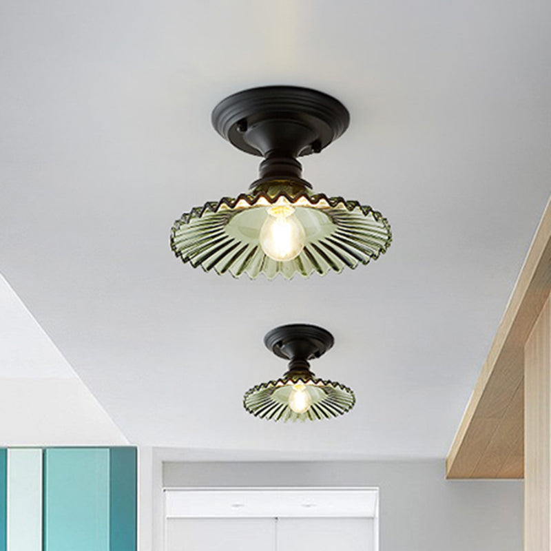 One Light Scalloped Semi Flush Light Industrial Clear/Green Ribbed Glass Lighting Fixture for Indoor Clearhalo 'Ceiling Lights' 'Close To Ceiling Lights' 'Close to ceiling' 'Glass shade' 'Glass' 'Semi-flushmount' Lighting' 1212441