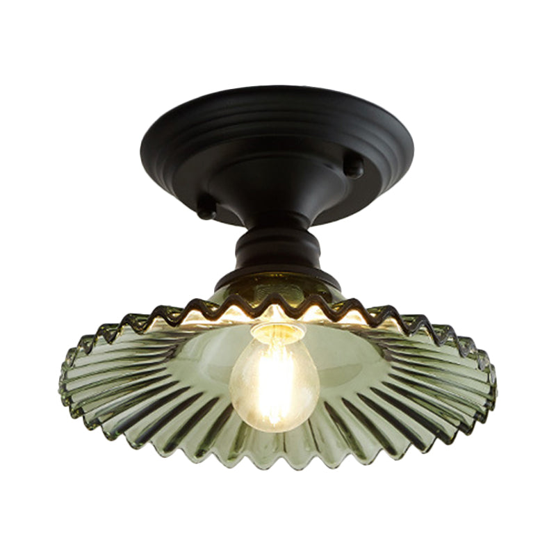 One Light Scalloped Semi Flush Light Industrial Clear/Green Ribbed Glass Lighting Fixture for Indoor Clearhalo 'Ceiling Lights' 'Close To Ceiling Lights' 'Close to ceiling' 'Glass shade' 'Glass' 'Semi-flushmount' Lighting' 1212442