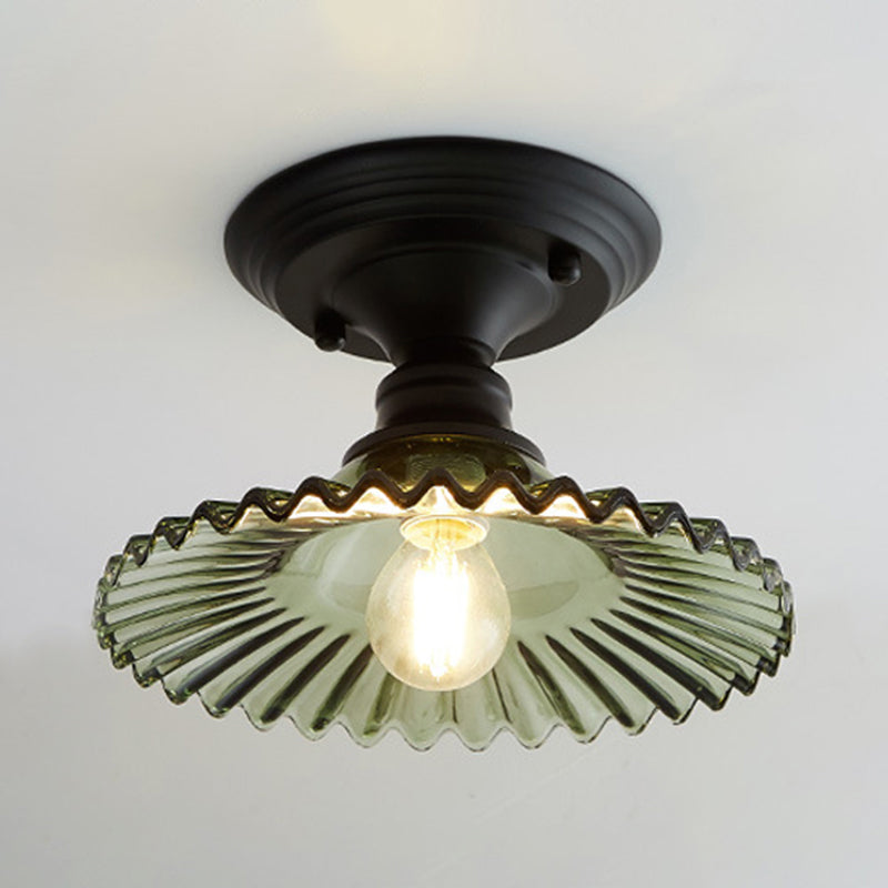One Light Scalloped Semi Flush Light Industrial Clear/Green Ribbed Glass Lighting Fixture for Indoor Clearhalo 'Ceiling Lights' 'Close To Ceiling Lights' 'Close to ceiling' 'Glass shade' 'Glass' 'Semi-flushmount' Lighting' 1212443