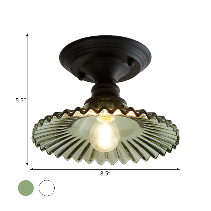 One Light Scalloped Semi Flush Light Industrial Clear/Green Ribbed Glass Lighting Fixture for Indoor Clearhalo 'Ceiling Lights' 'Close To Ceiling Lights' 'Close to ceiling' 'Glass shade' 'Glass' 'Semi-flushmount' Lighting' 1212444