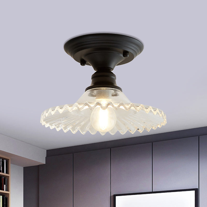 One Light Scalloped Semi Flush Light Industrial Clear/Green Ribbed Glass Lighting Fixture for Indoor Clearhalo 'Ceiling Lights' 'Close To Ceiling Lights' 'Close to ceiling' 'Glass shade' 'Glass' 'Semi-flushmount' Lighting' 1212446