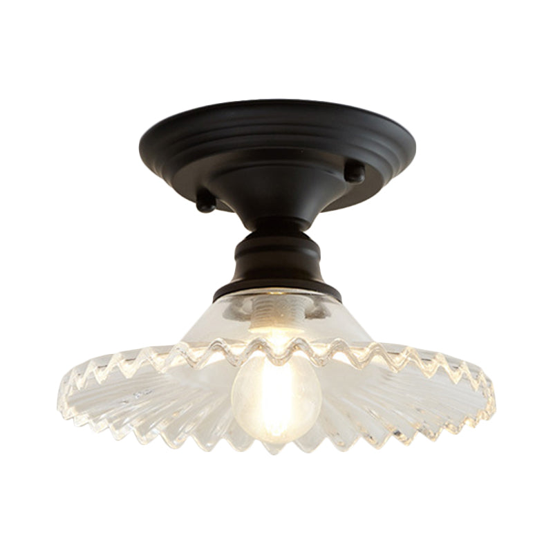 One Light Scalloped Semi Flush Light Industrial Clear/Green Ribbed Glass Lighting Fixture for Indoor Clearhalo 'Ceiling Lights' 'Close To Ceiling Lights' 'Close to ceiling' 'Glass shade' 'Glass' 'Semi-flushmount' Lighting' 1212447