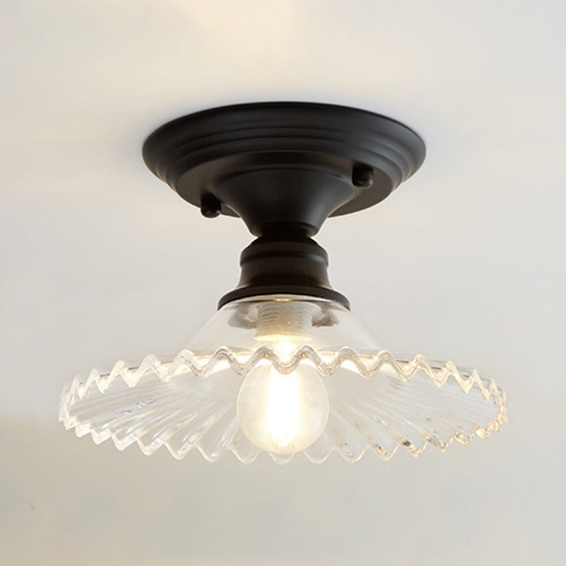 One Light Scalloped Semi Flush Light Industrial Clear/Green Ribbed Glass Lighting Fixture for Indoor Clearhalo 'Ceiling Lights' 'Close To Ceiling Lights' 'Close to ceiling' 'Glass shade' 'Glass' 'Semi-flushmount' Lighting' 1212448