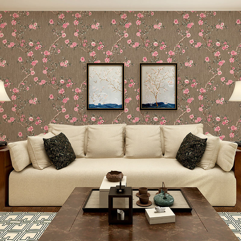 Rustic Plum Blossom Wallpaper Pastel Color Living Room Wall Decoration, Size Optional Light Coffee Clearhalo 'Country wall decor' 'Rustic' 'Wallpaper' Wall Decor' 1212716