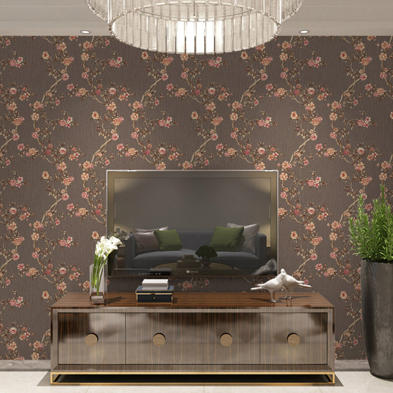 Rustic Plum Blossom Wallpaper Pastel Color Living Room Wall Decoration, Size Optional Dark Coffee Clearhalo 'Country wall decor' 'Rustic' 'Wallpaper' Wall Decor' 1212719