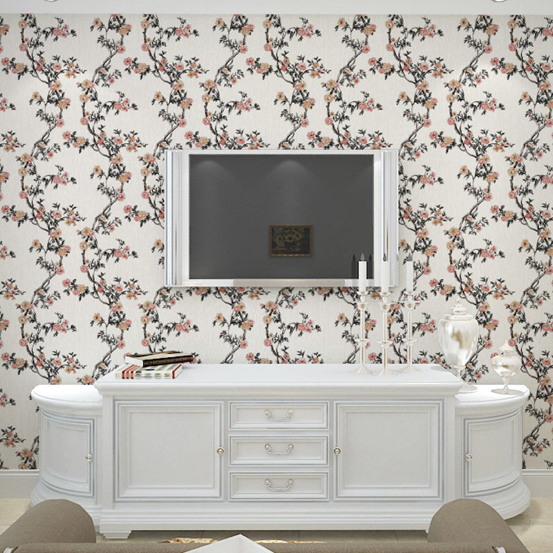 Rustic Plum Blossom Wallpaper Pastel Color Living Room Wall Decoration, Size Optional White Clearhalo 'Country wall decor' 'Rustic' 'Wallpaper' Wall Decor' 1212726