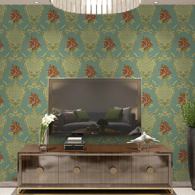Washable Wallpaper Rural PVC Wall Covering with Blooming Peony Pattern, Unpasted Green Clearhalo 'Country wall decor' 'Rustic' 'Wallpaper' Wall Decor' 1212754