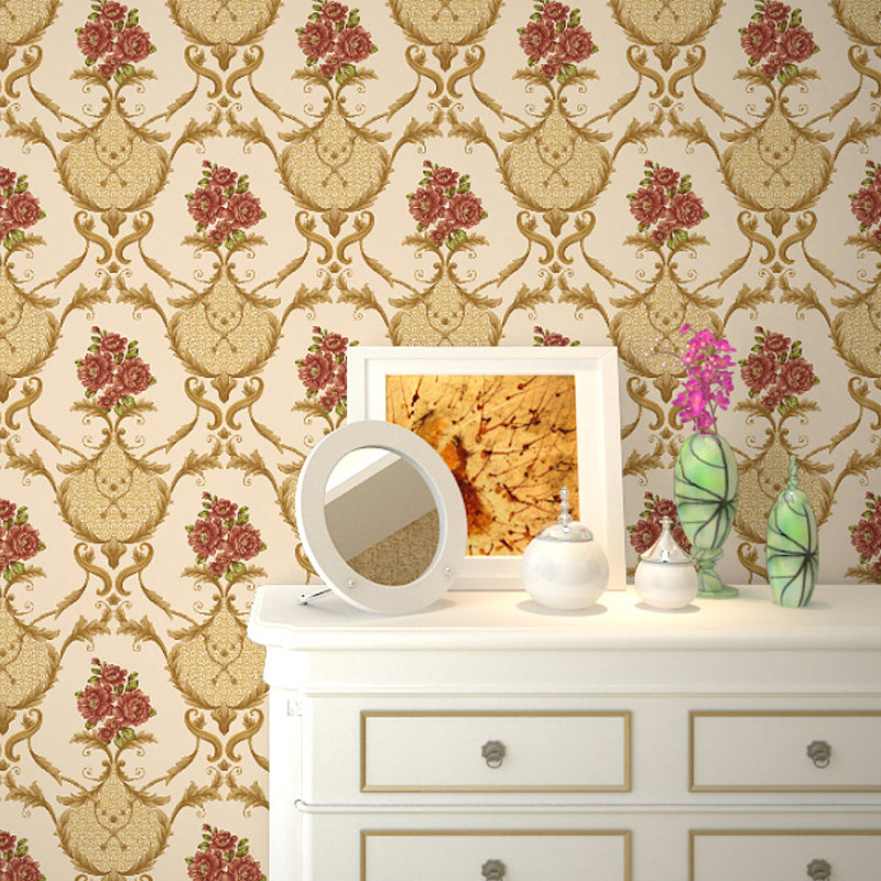 Washable Wallpaper Rural PVC Wall Covering with Blooming Peony Pattern, Unpasted Khaki Clearhalo 'Country wall decor' 'Rustic' 'Wallpaper' Wall Decor' 1212759