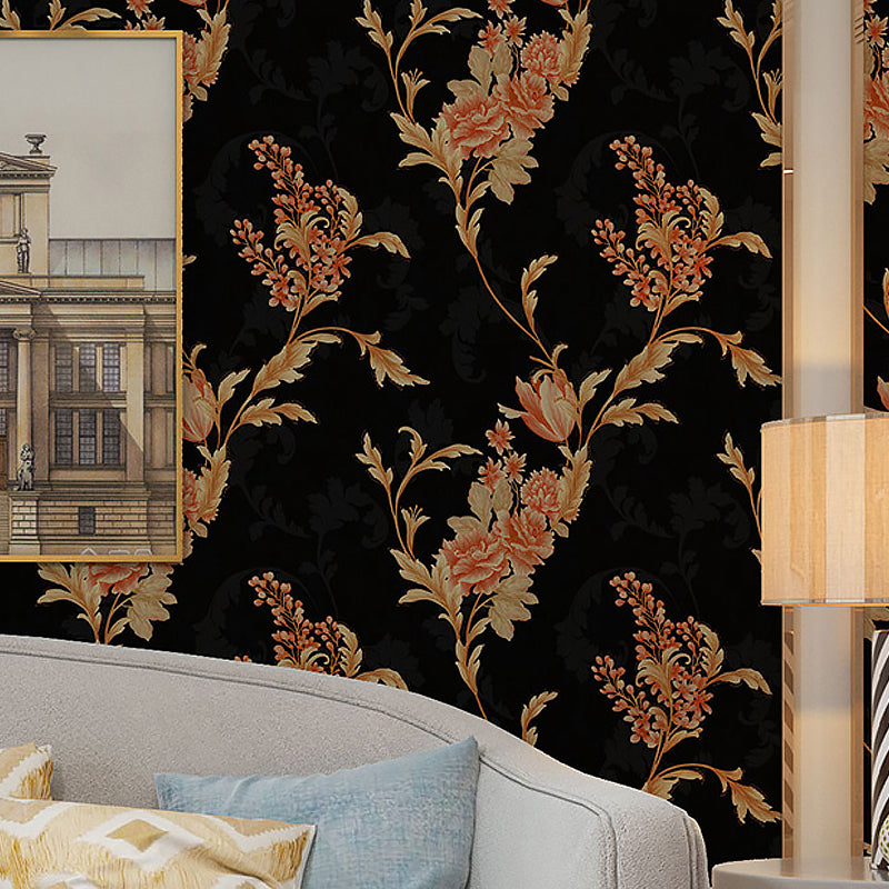 57.1-sq ft Flower Wallpaper for Bedroom Peony Branch Wall Decor in Dark Color, Moisture Resistant Black Clearhalo 'Country wall decor' 'Rustic' 'Wallpaper' Wall Decor' 1212808