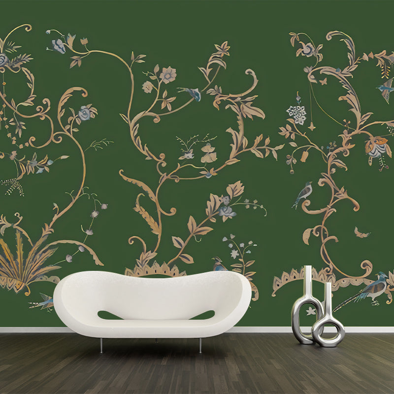 Dark Color Rustic Wall Mural Large Size Swirl Flower Wall Decor for Home, Non-Woven Dark Green Clearhalo 'Wall Decor' 'Wall Mural' 1212818