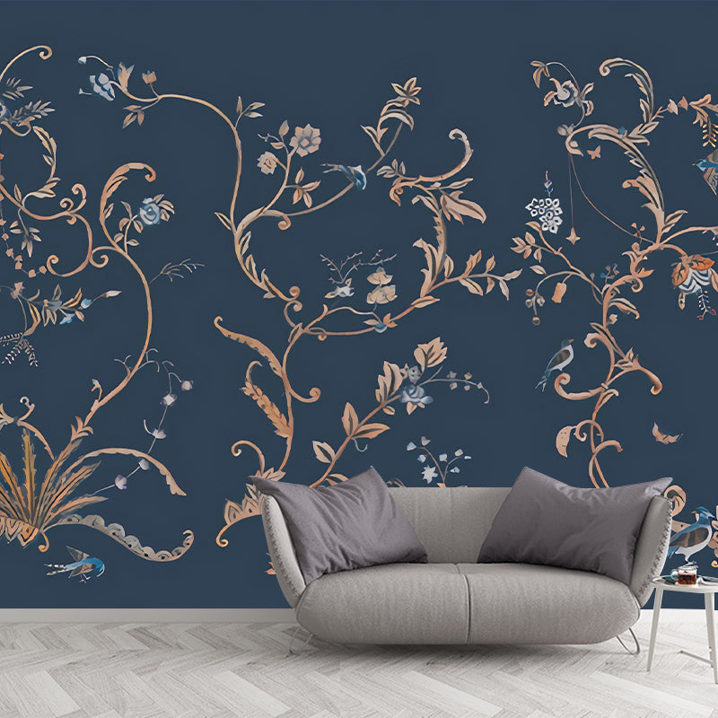 Dark Color Rustic Wall Mural Large Size Swirl Flower Wall Decor for Home, Non-Woven Blue Clearhalo 'Wall Decor' 'Wall Mural' 1212823
