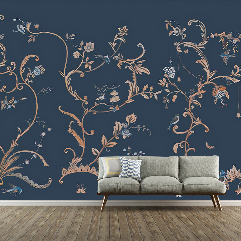 Dark Color Rustic Wall Mural Large Size Swirl Flower Wall Decor for Home, Non-Woven Clearhalo 'Wall Decor' 'Wall Mural' 1212824