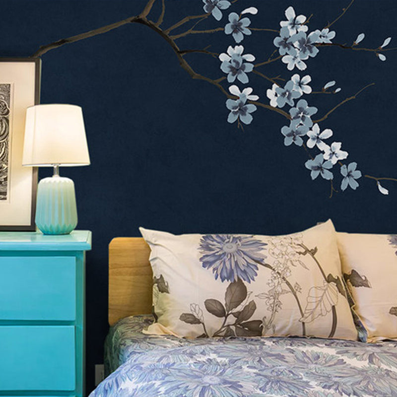 Enchanting Plum Branch Mural Decal Moisture Resistant Asian Bedroom Wall Art in Dark Color Blue Clearhalo 'Wall Decor' 'Wall Mural' 1212854