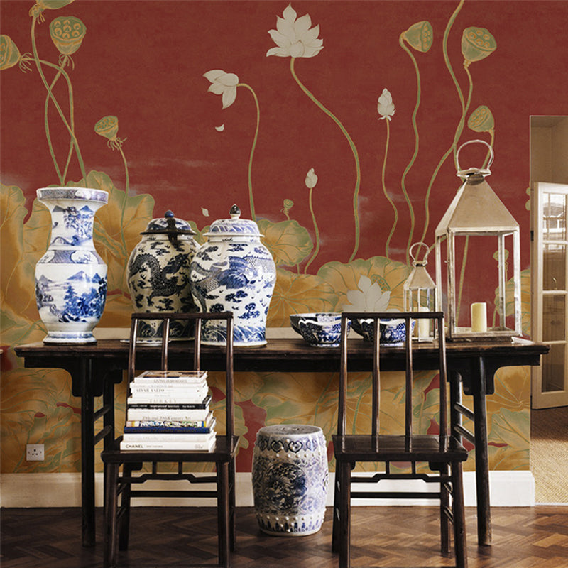 Lotus Pond Painting Wall Mural Dark Color Chinoiserie Wall Covering for Study Room Red Clearhalo 'Wall Decor' 'Wall Mural' 1212874