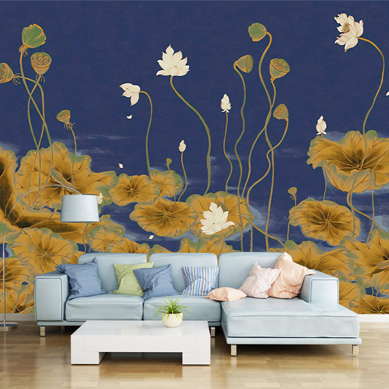 Lotus Pond Painting Wall Mural Dark Color Chinoiserie Wall Covering for Study Room Clearhalo 'Wall Decor' 'Wall Mural' 1212881