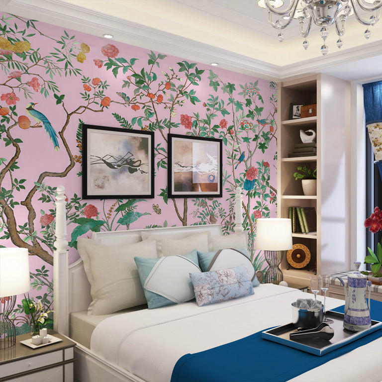 Personalized Illustration Stylish Murals with Bird and Flower Bushes Pattern in Soft Color Pink Clearhalo 'Wall Decor' 'Wall Mural' 1212899