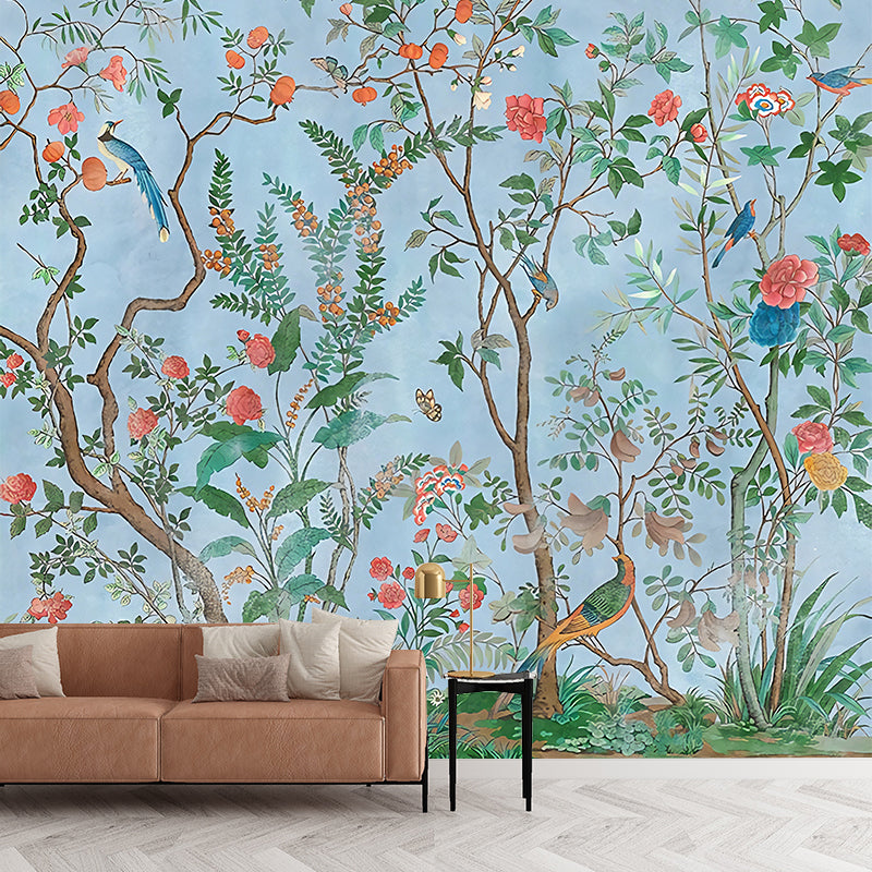 Personalized Illustration Stylish Murals with Bird and Flower Bushes Pattern in Soft Color Blue Clearhalo 'Wall Decor' 'Wall Mural' 1212904