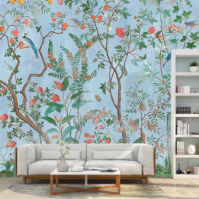Personalized Illustration Stylish Murals with Bird and Flower Bushes Pattern in Soft Color Clearhalo 'Wall Decor' 'Wall Mural' 1212906