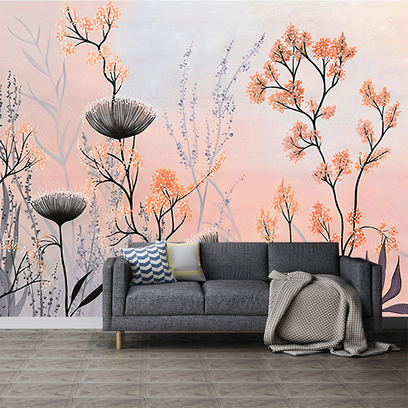 Illustration Plant Bushes Wall Murals for Dining Room in Light Color, Made to Measure Pink Clearhalo 'Wall Decor' 'Wall Mural' 1212919