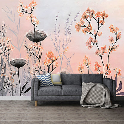 Illustration Plant Bushes Wall Murals for Dining Room in Light Color, Made to Measure Pink Clearhalo 'Wall Decor' 'Wall Mural' 1212919