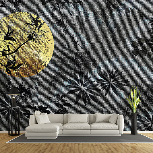 Moon and Flower Shadow Murals Contemporary Stain-Resistant Bedroom Wall Decor, Custom Size Clearhalo 'Wall Decor' 'Wall Mural' 1212925