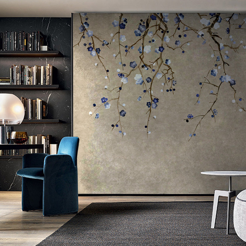 Oriental Blooming Plum Wall Murals for Living Room Custom Wall Covering in Pastel Color Blue Clearhalo 'Wall Decor' 'Wall Mural' 1212996