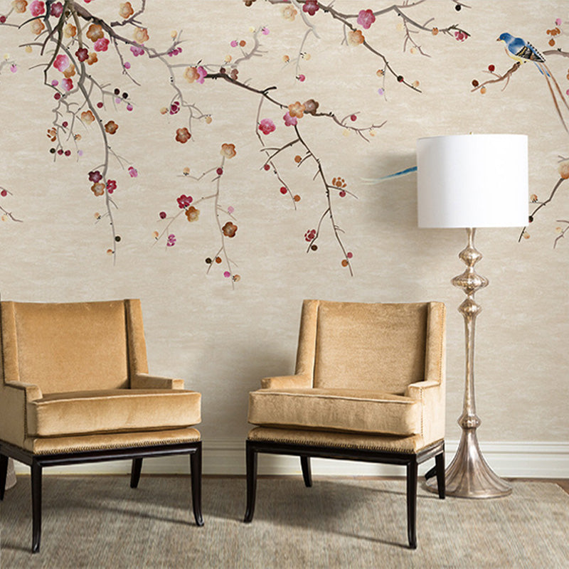 Oriental Blooming Plum Wall Murals for Living Room Custom Wall Covering in Pastel Color Light Brown Clearhalo 'Wall Decor' 'Wall Mural' 1213001
