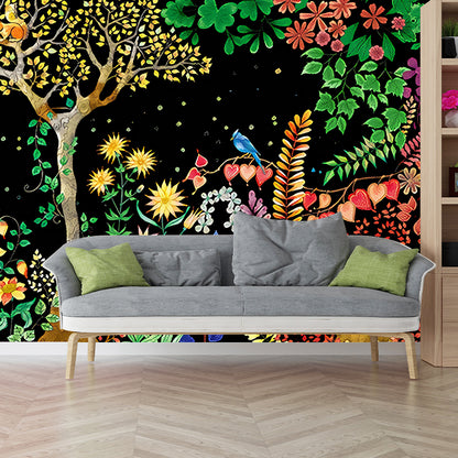 Moon Night Flower Bushes Mural Childrens Art Waterproof Kids Room Wall Covering, Custom-Printed Black Clearhalo 'Wall Decor' 'Wall Mural' 1213038
