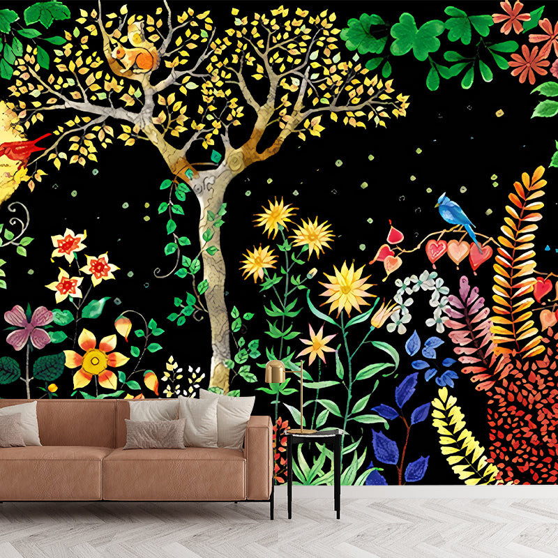 Moon Night Flower Bushes Mural Childrens Art Waterproof Kids Room Wall Covering, Custom-Printed Clearhalo 'Wall Decor' 'Wall Mural' 1213040