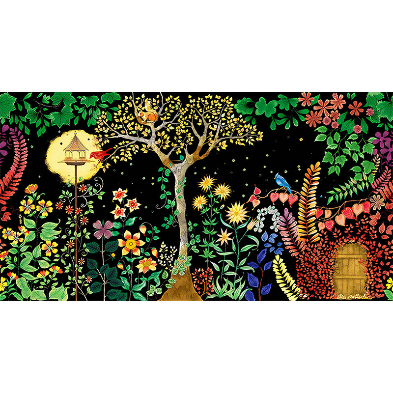 Moon Night Flower Bushes Mural Childrens Art Waterproof Kids Room Wall Covering, Custom-Printed Clearhalo 'Wall Decor' 'Wall Mural' 1213041