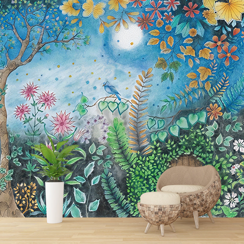 Moon Night Flower Bushes Mural Childrens Art Waterproof Kids Room Wall Covering, Custom-Printed Blue Clearhalo 'Wall Decor' 'Wall Mural' 1213043