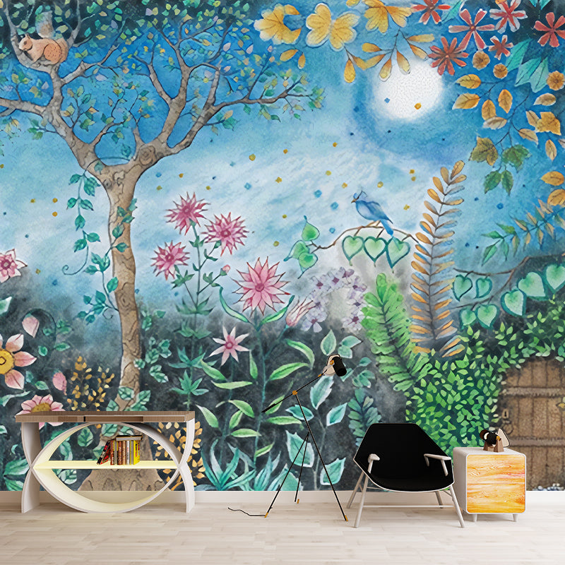 Moon Night Flower Bushes Mural Childrens Art Waterproof Kids Room Wall Covering, Custom-Printed Clearhalo 'Wall Decor' 'Wall Mural' 1213045
