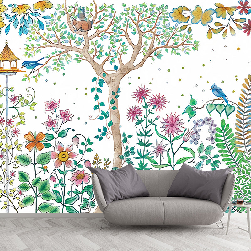 Moon Night Flower Bushes Mural Childrens Art Waterproof Kids Room Wall Covering, Custom-Printed White Clearhalo 'Wall Decor' 'Wall Mural' 1213053