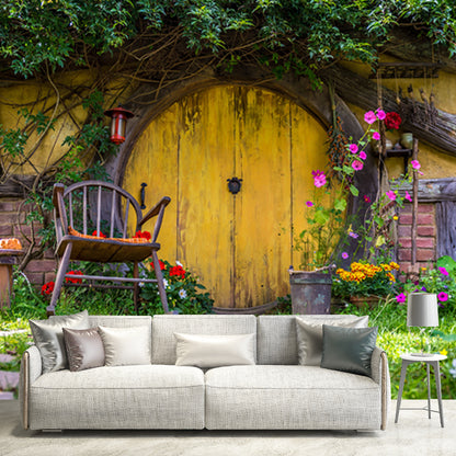 Customized Photo Print Modern Murals with Patio of Log Cabin Pattern in Yellow-Green Yellow-Green Clearhalo 'Wall Decor' 'Wall Mural' 1213073