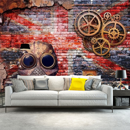 Cool Gear and Brick Murals Wallpaper for Bedroom, Grey and Red, Custom Size Available Gray-Red Clearhalo 'Wall Decor' 'Wall Mural' 1213222
