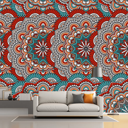 Custom Illustration Boho Wallpaper Murals with Scalloped Pattern in Red and Blue Clearhalo 'Wall Decor' 'Wall Mural' 1213421