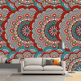 Custom Illustration Boho Wallpaper Murals with Scalloped Pattern in Red and Blue Clearhalo 'Wall Decor' 'Wall Mural' 1213421