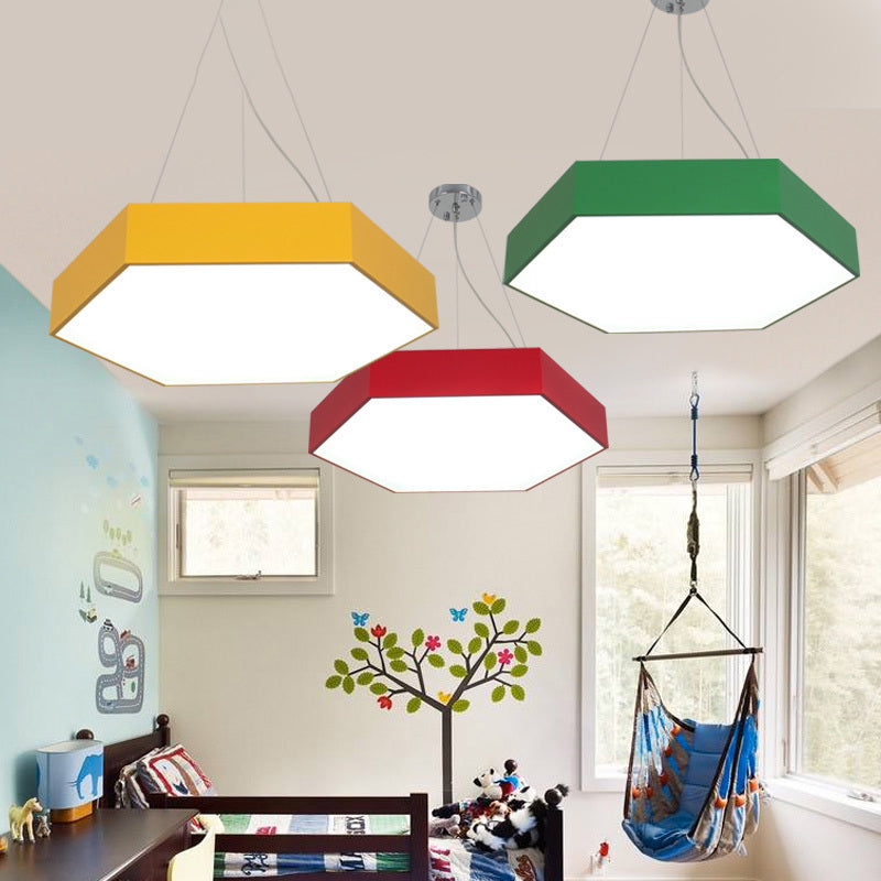 Yellow/Silver/Purple Hexagon Pendant Lamp Contemporary Led Metal Hanging Ceiling Light, 12"/18"/23.5" Wide Clearhalo 'Ceiling Lights' 'Modern Pendants' 'Modern' 'Pendant Lights' 'Pendants' Lighting' 121476